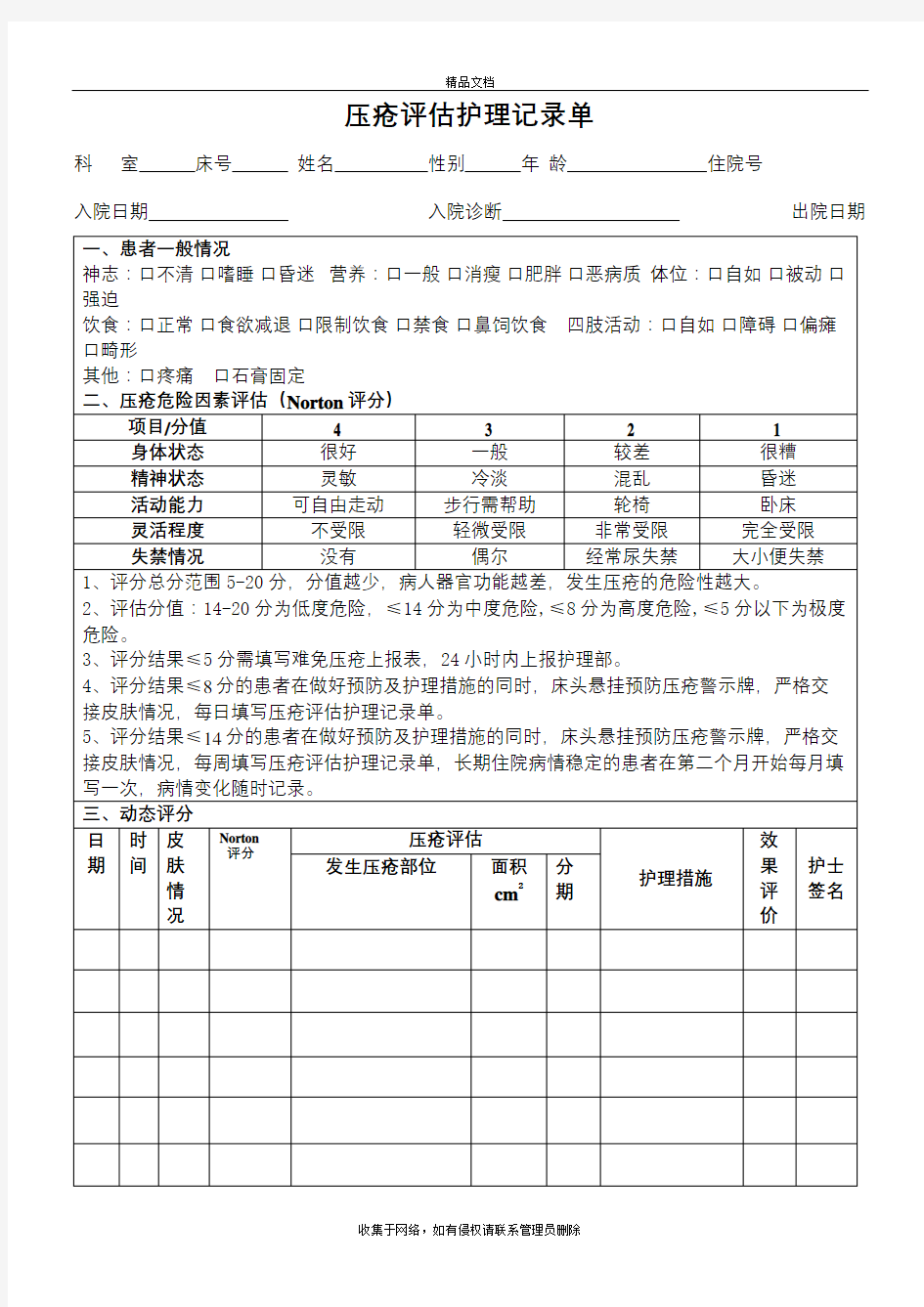 压疮护理评估记录单word版本