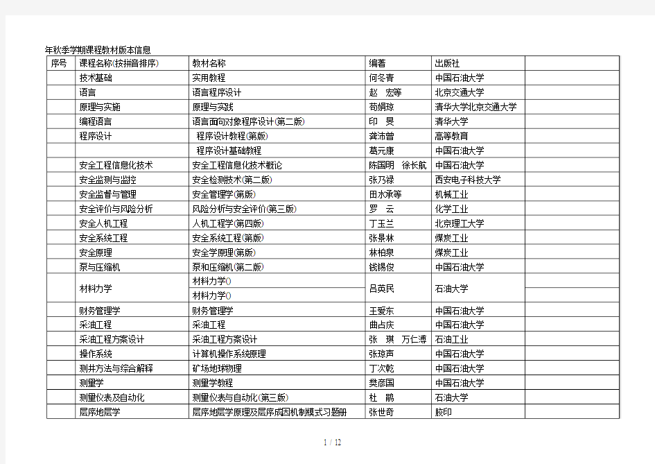 2018年秋季学期课程教材版本信息