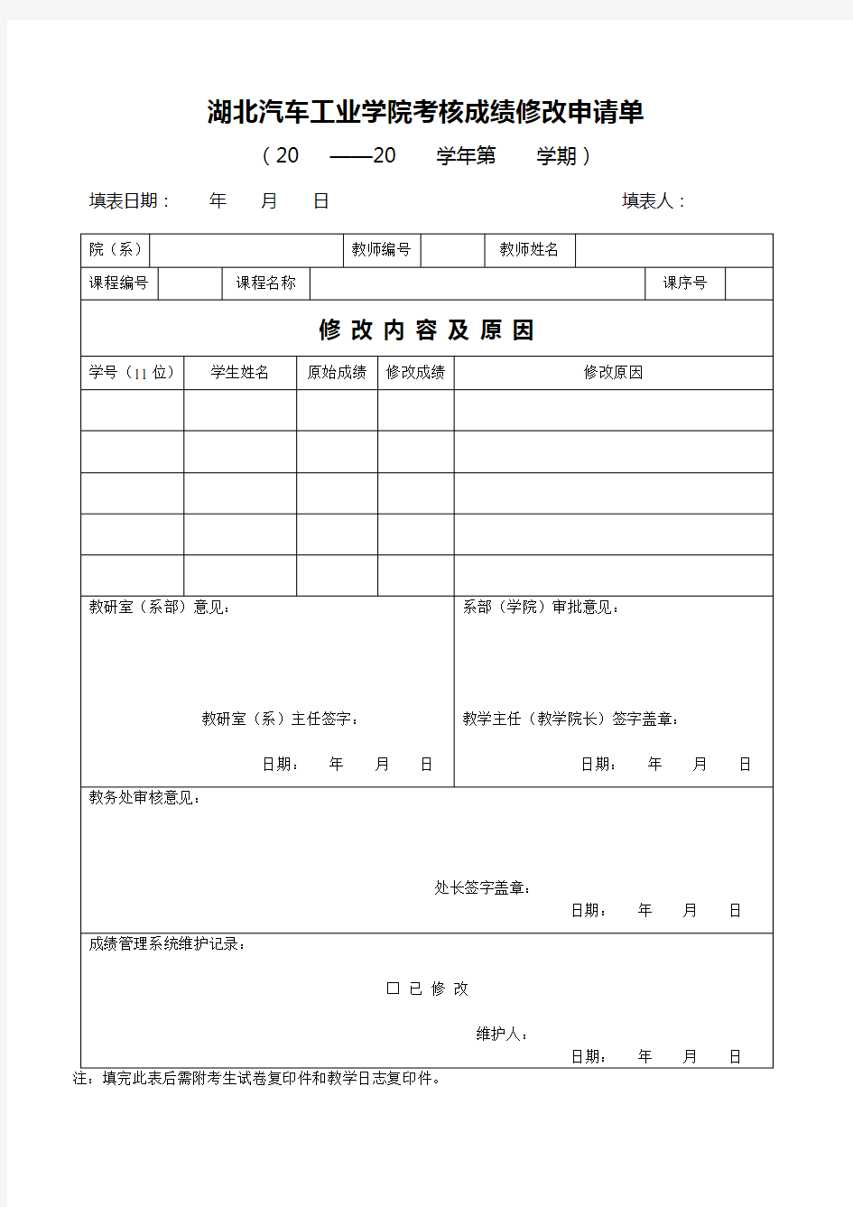 考核成绩修改申请单