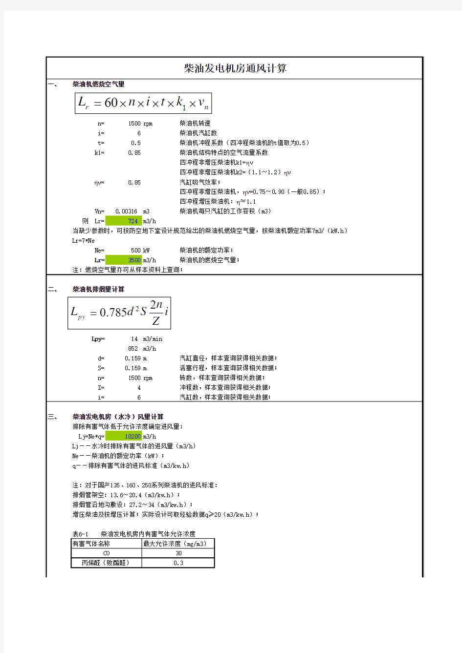 柴油发电机房计算表