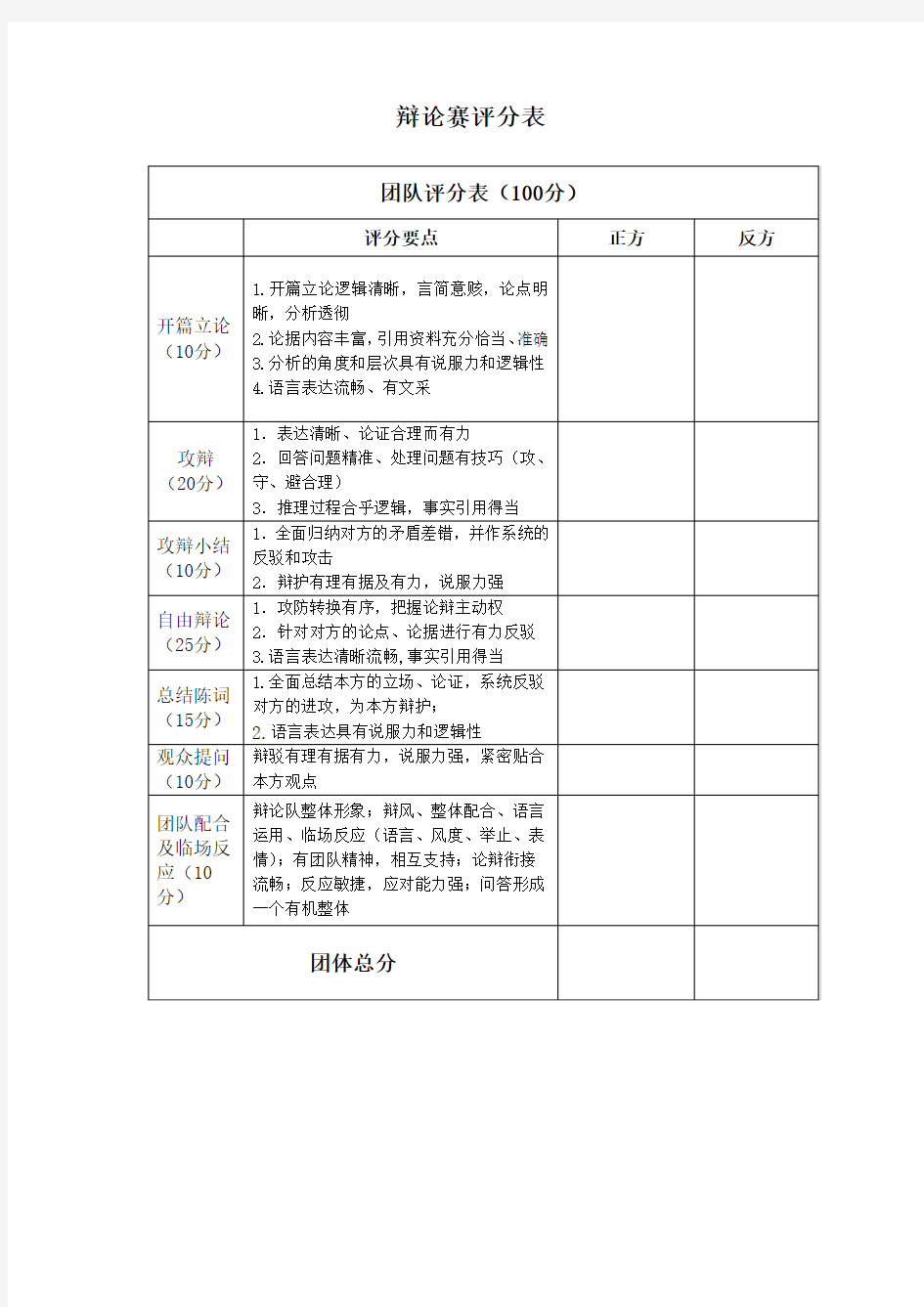 辩论赛评分表(完整版)