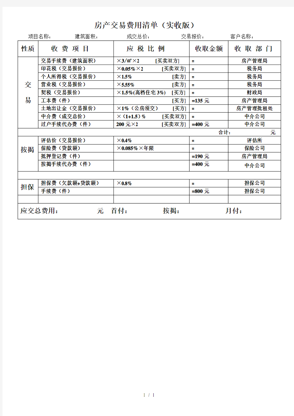 二手房交易税费计算明细表