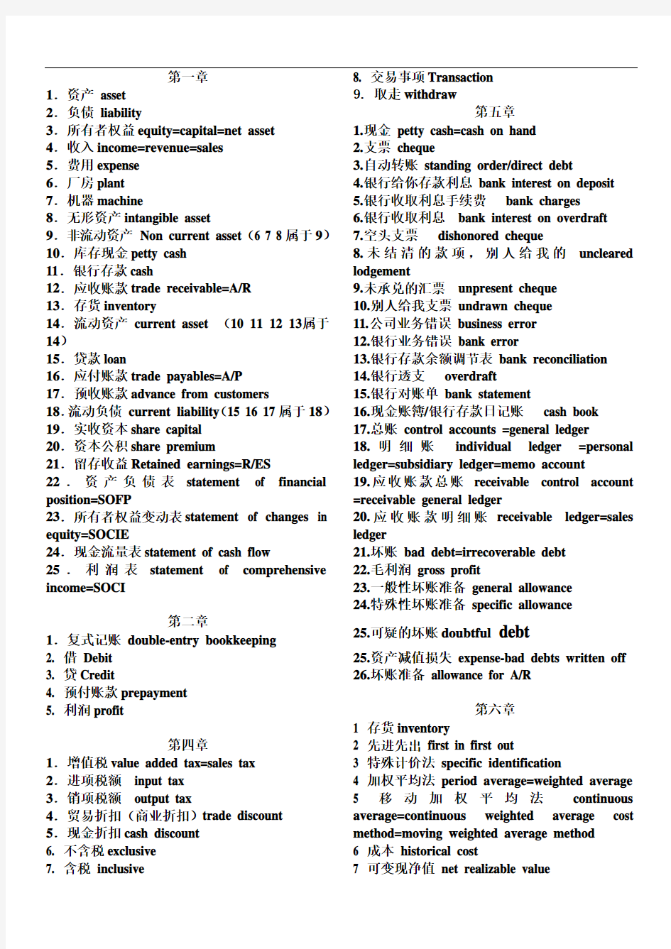 最新acca f3 中英文单词对照表学习资料