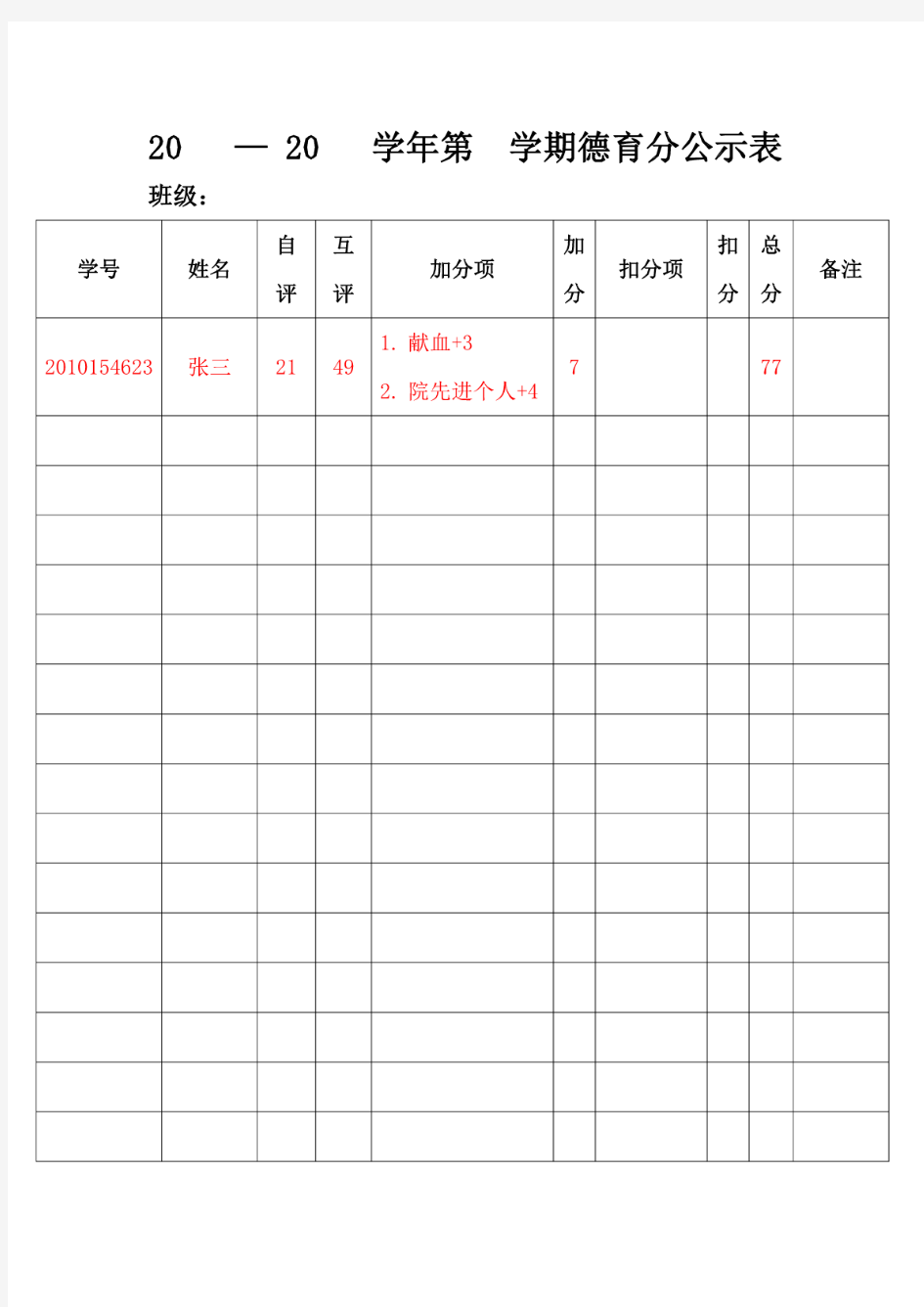 德育评分表模板