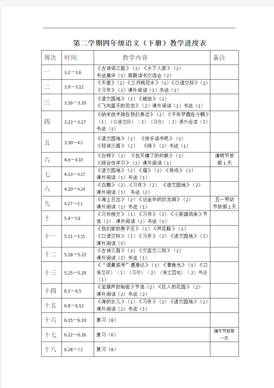 2020年部编版四年级语文下册教学进度表