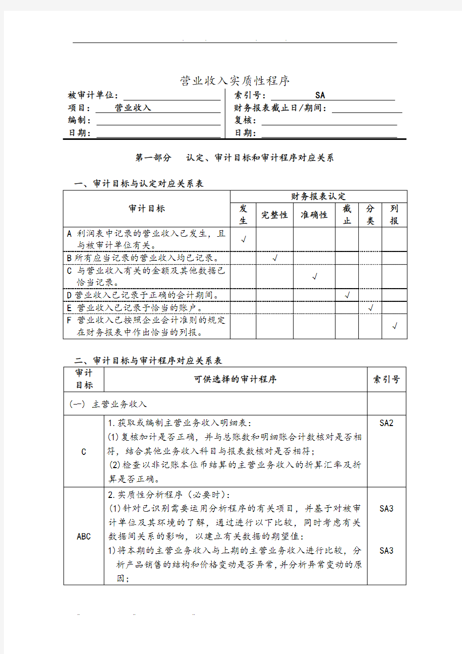 营业收入实质性程序与审计程序文件