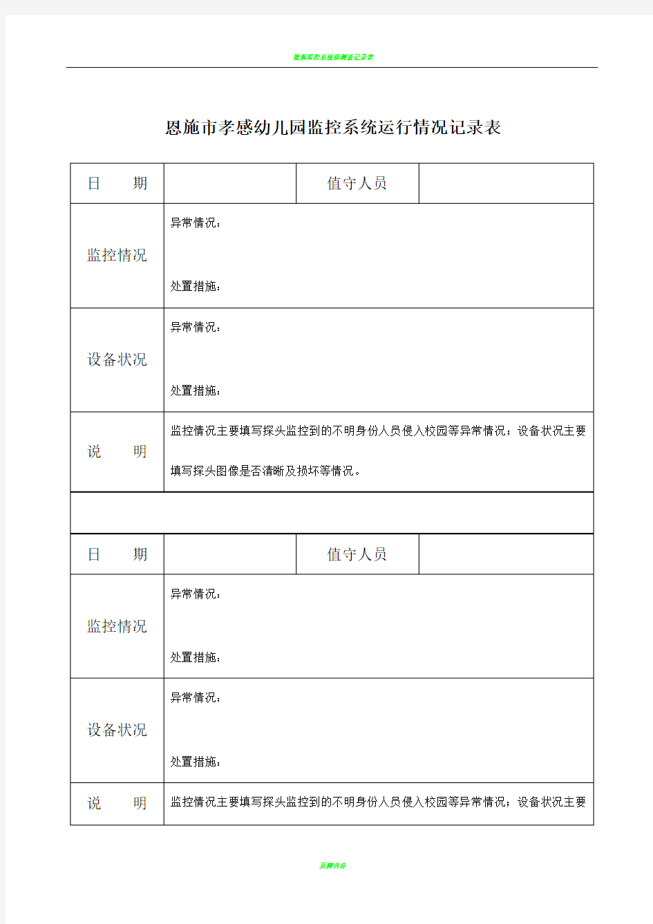 视频监控系统运行情况记录表