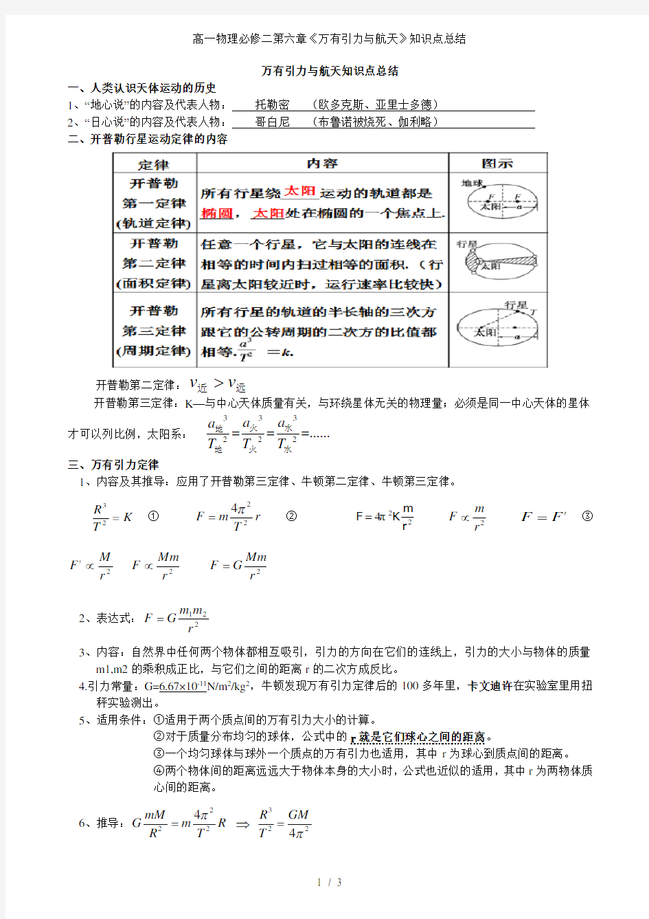 高一物理必修二第六章《万有引力与航天》知识点总结