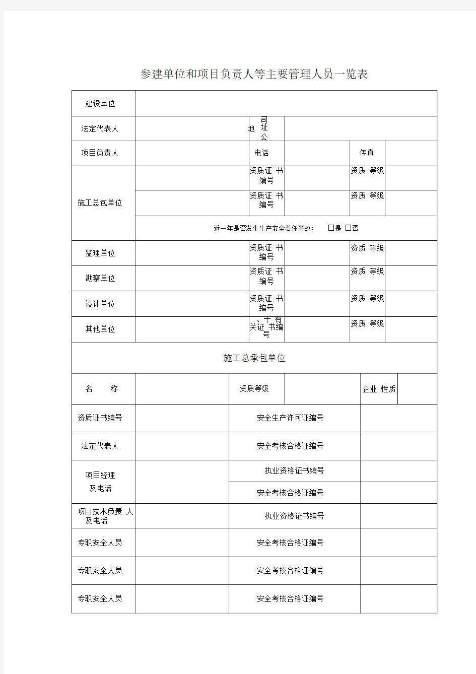 各参建单位及项目负责人等主要管理人员一览表