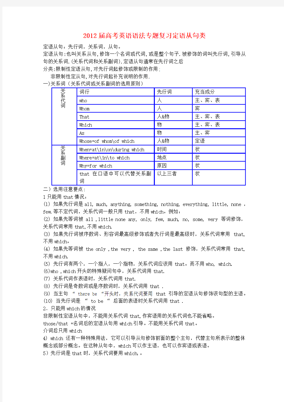 高考英语 语法专题复习定语从句类