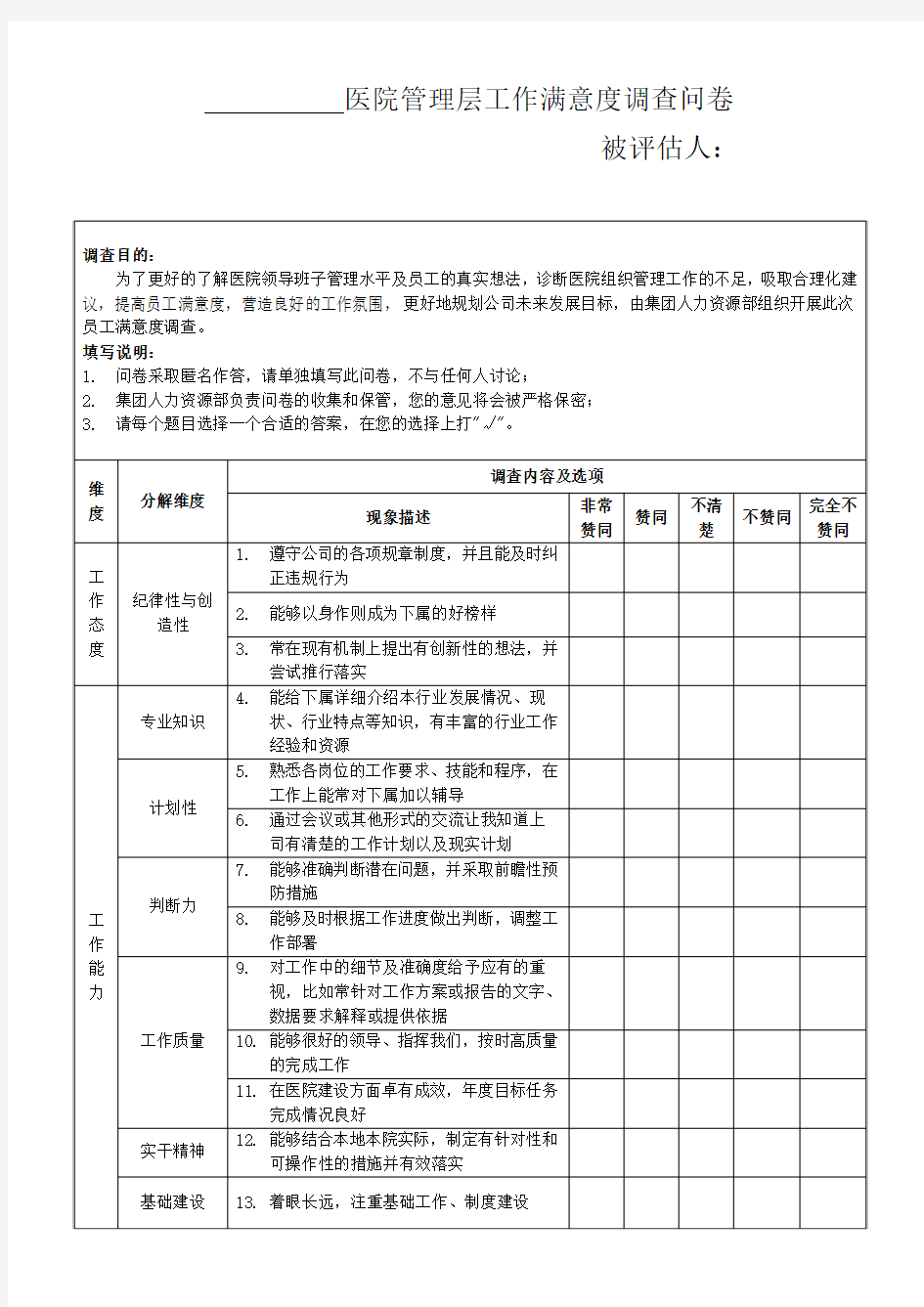 医院管理层满意度调查问卷