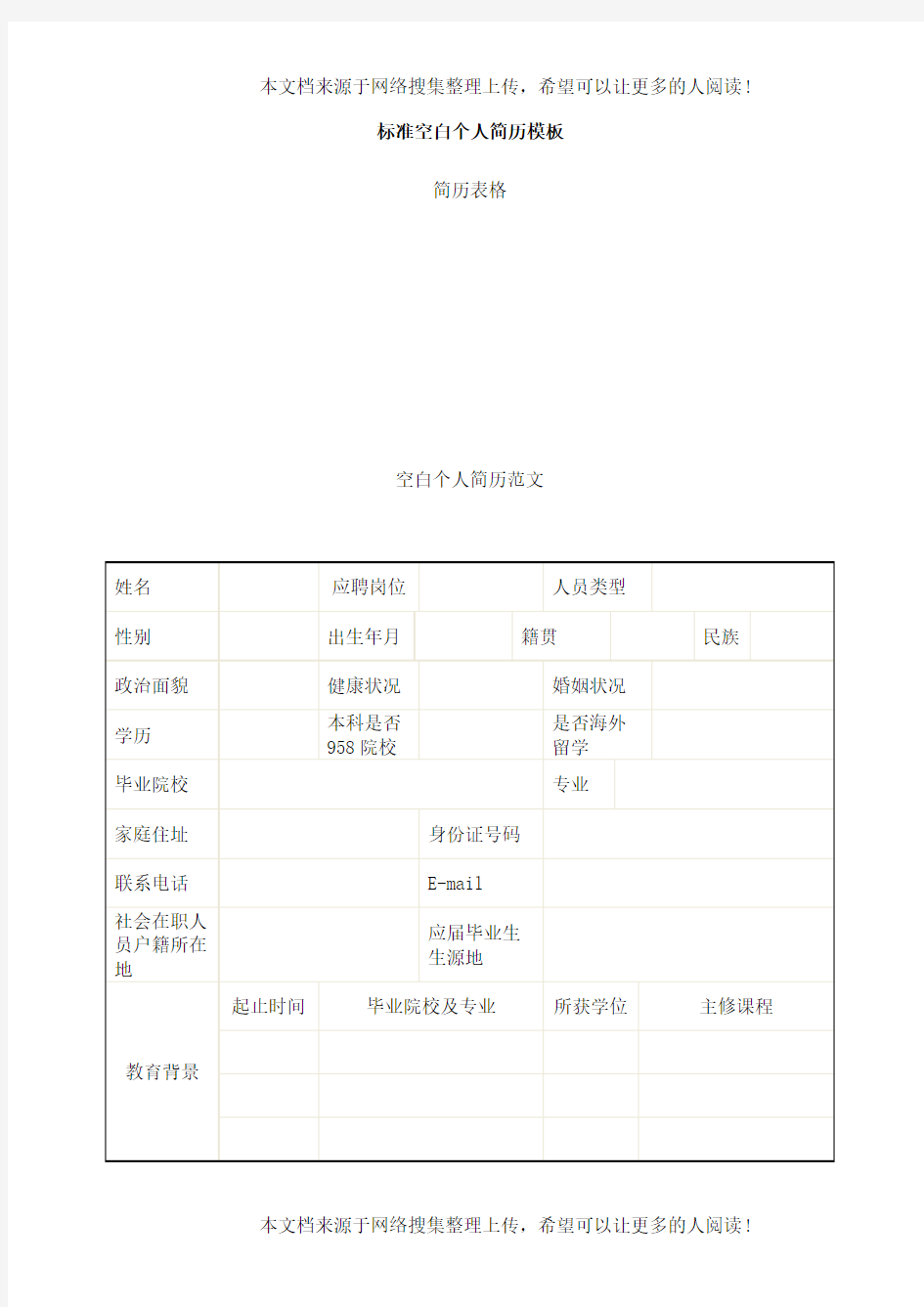 标准空白个人简历模板