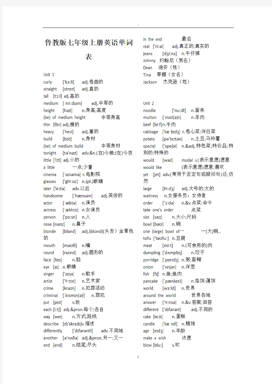 鲁教版七年级英语上册单词表(五四制)