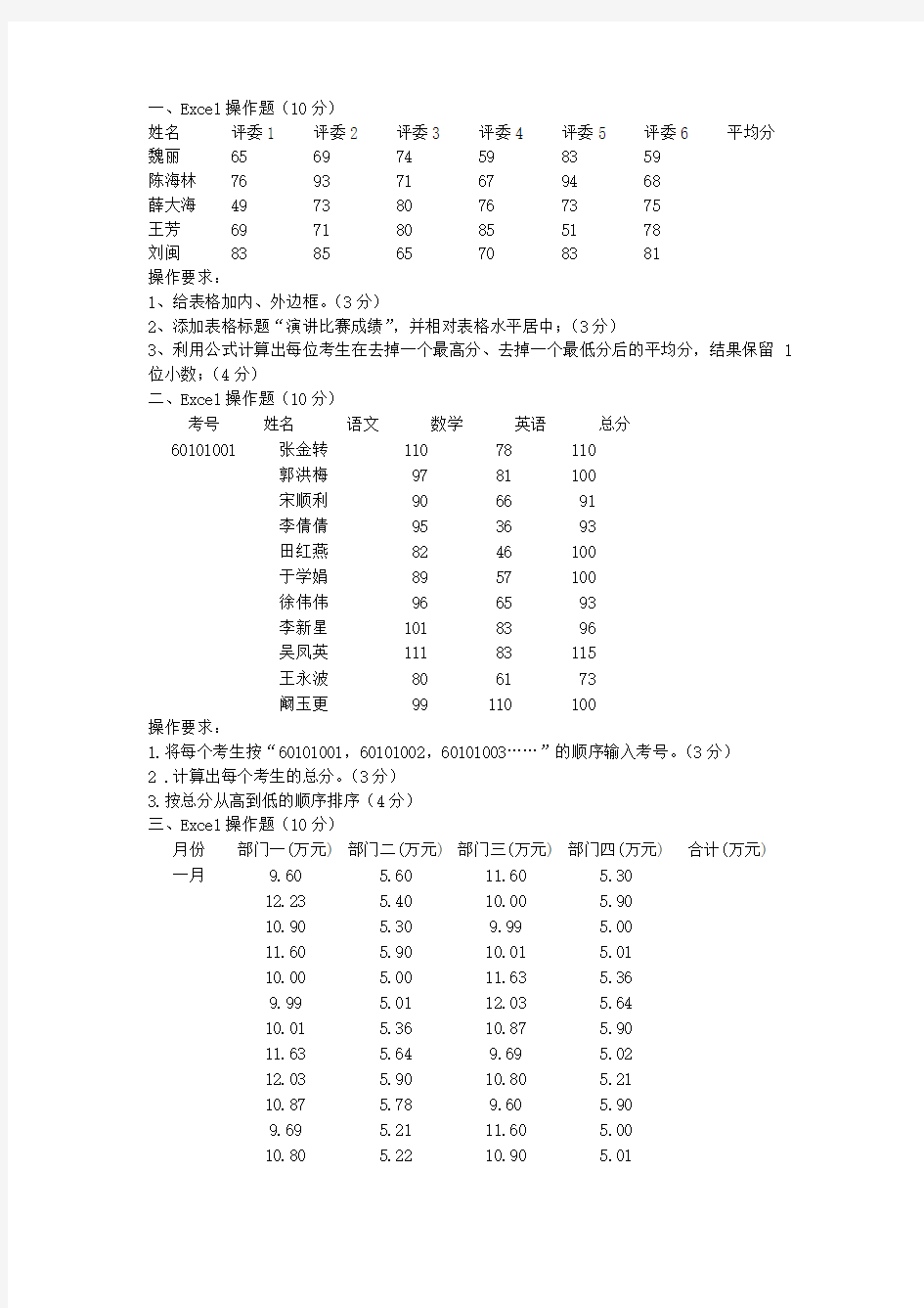 初中信息技术_中考excel操作题