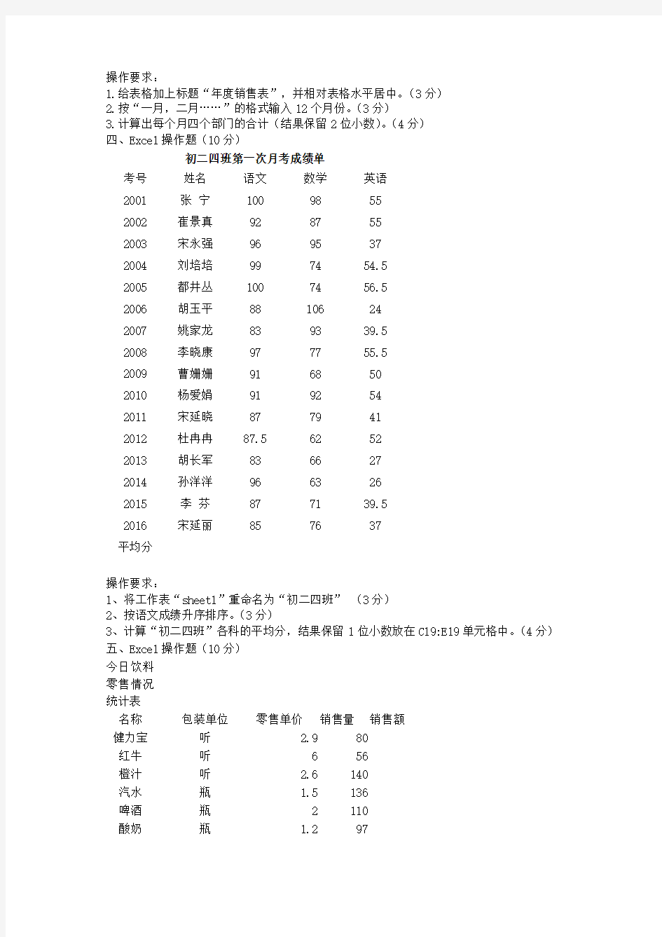 初中信息技术_中考excel操作题