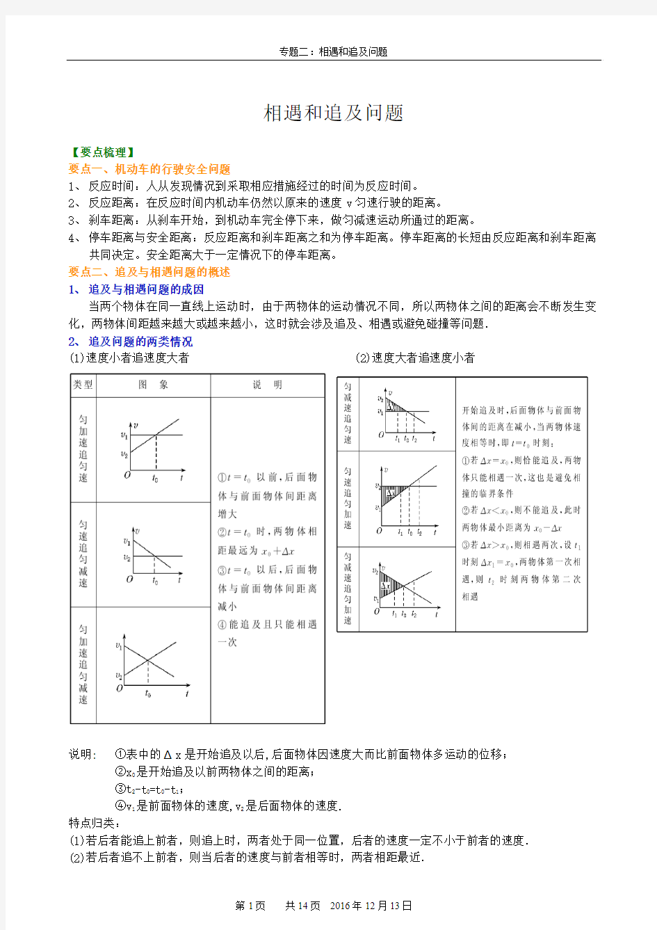 专题二：相遇和追及问题