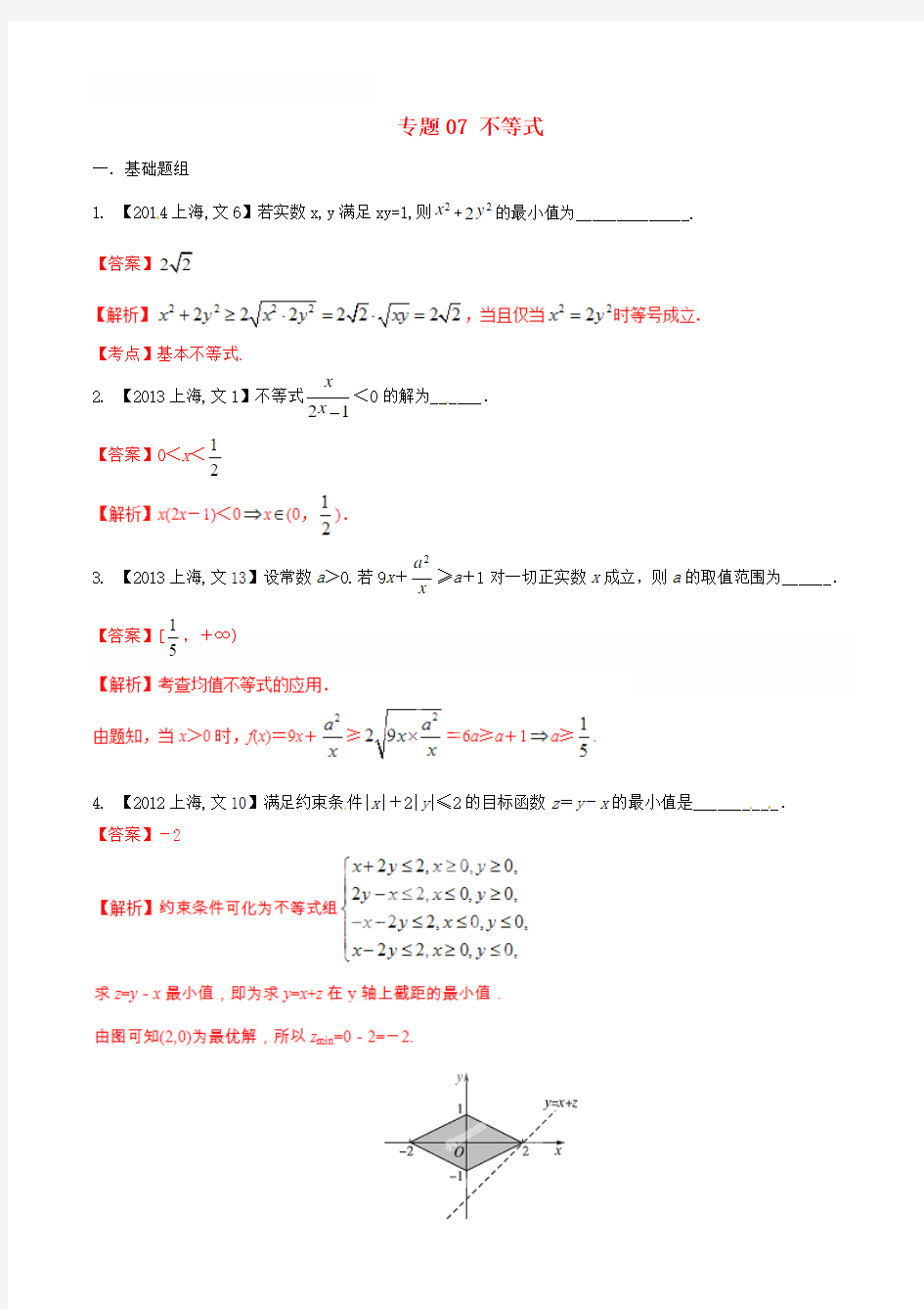 【备战2016】(上海版)高考数学分项汇编 专题07 不等式(含解析)文