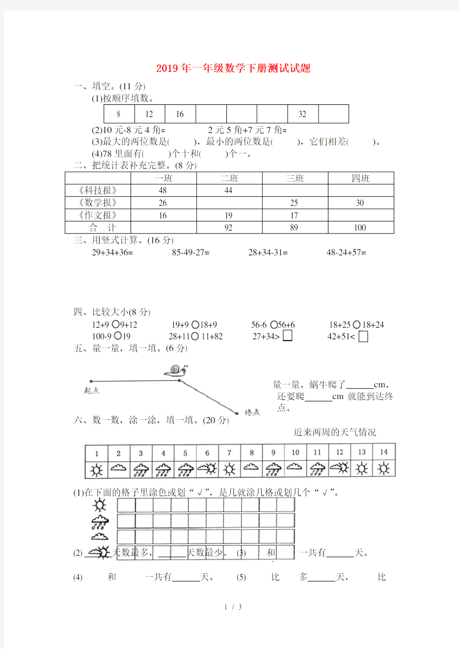 一年级数学下册测试试题