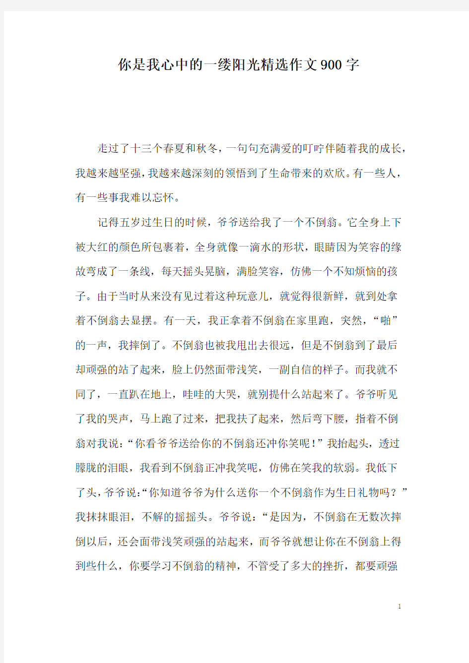 你是我心中的一缕阳光精选作文900字