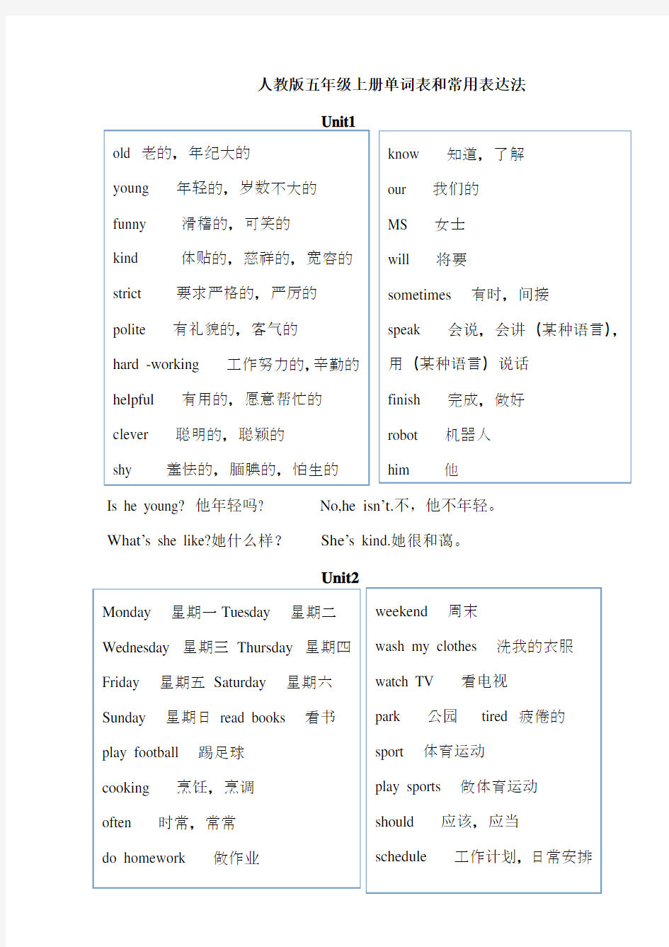 新人教版五年级英语上册单词表