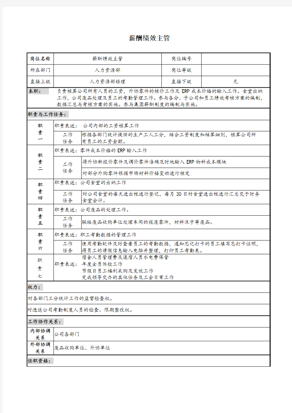 薪酬绩效主管