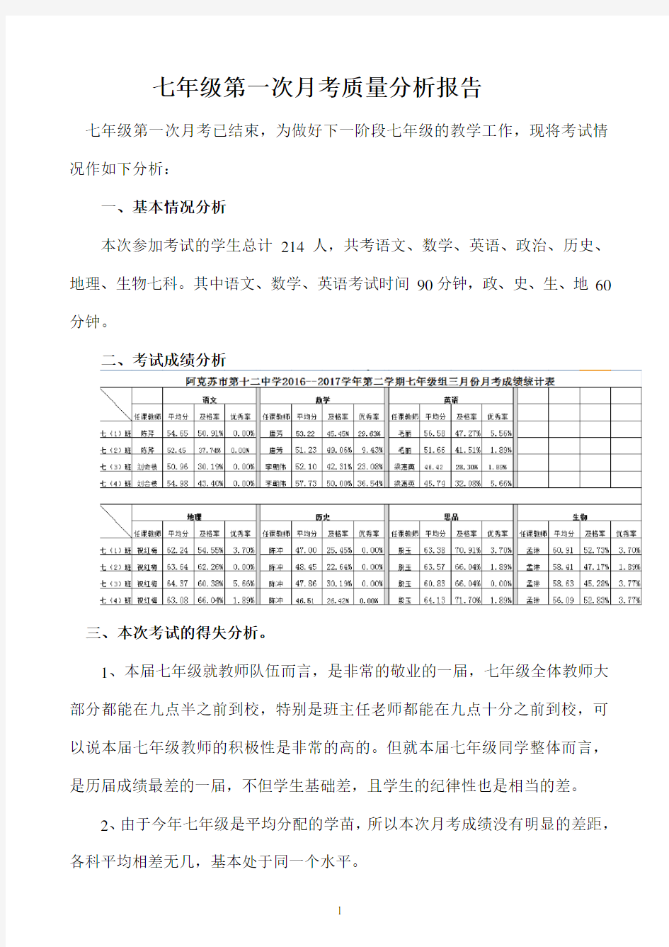 七年级第一次月考质量分析报告