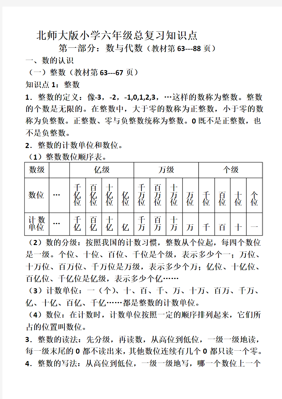 北师大版小学数学六年级总复习知识点汇总