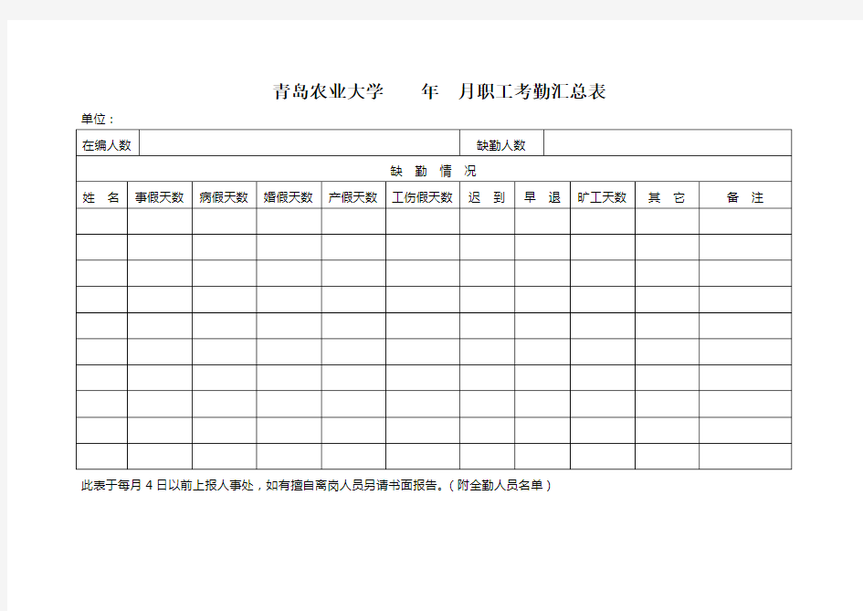 职工考勤汇总表