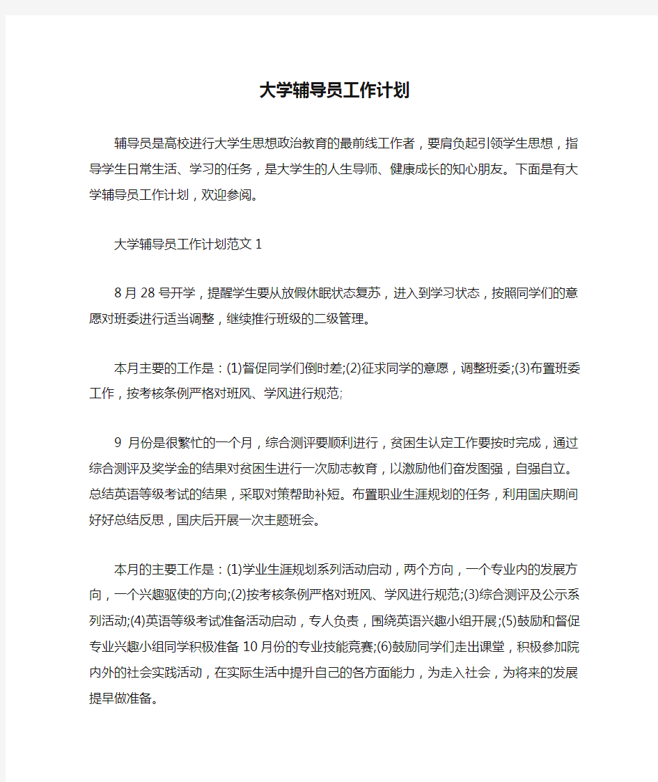 大学辅导员工作计划