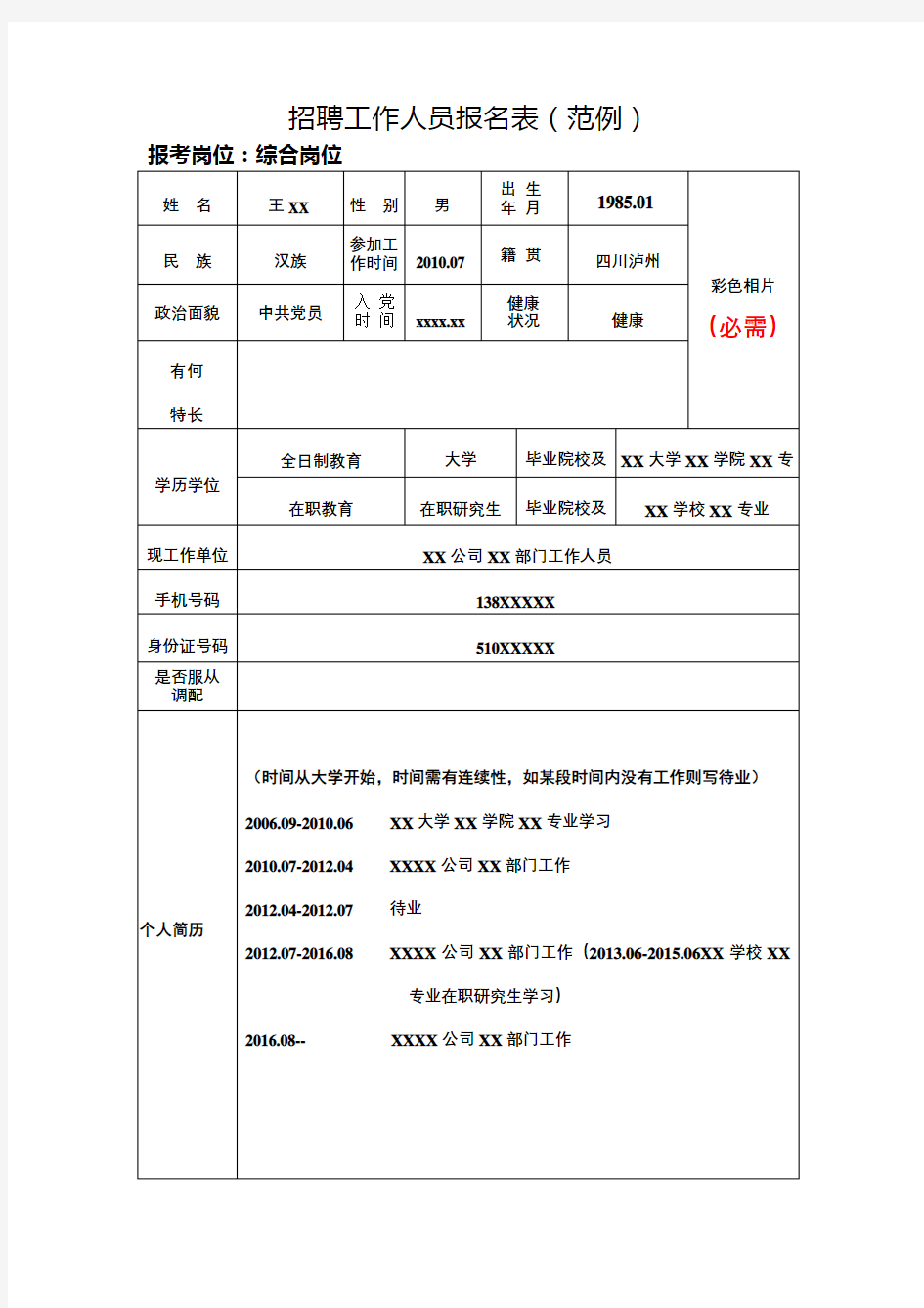 招聘工作人员报名表范例