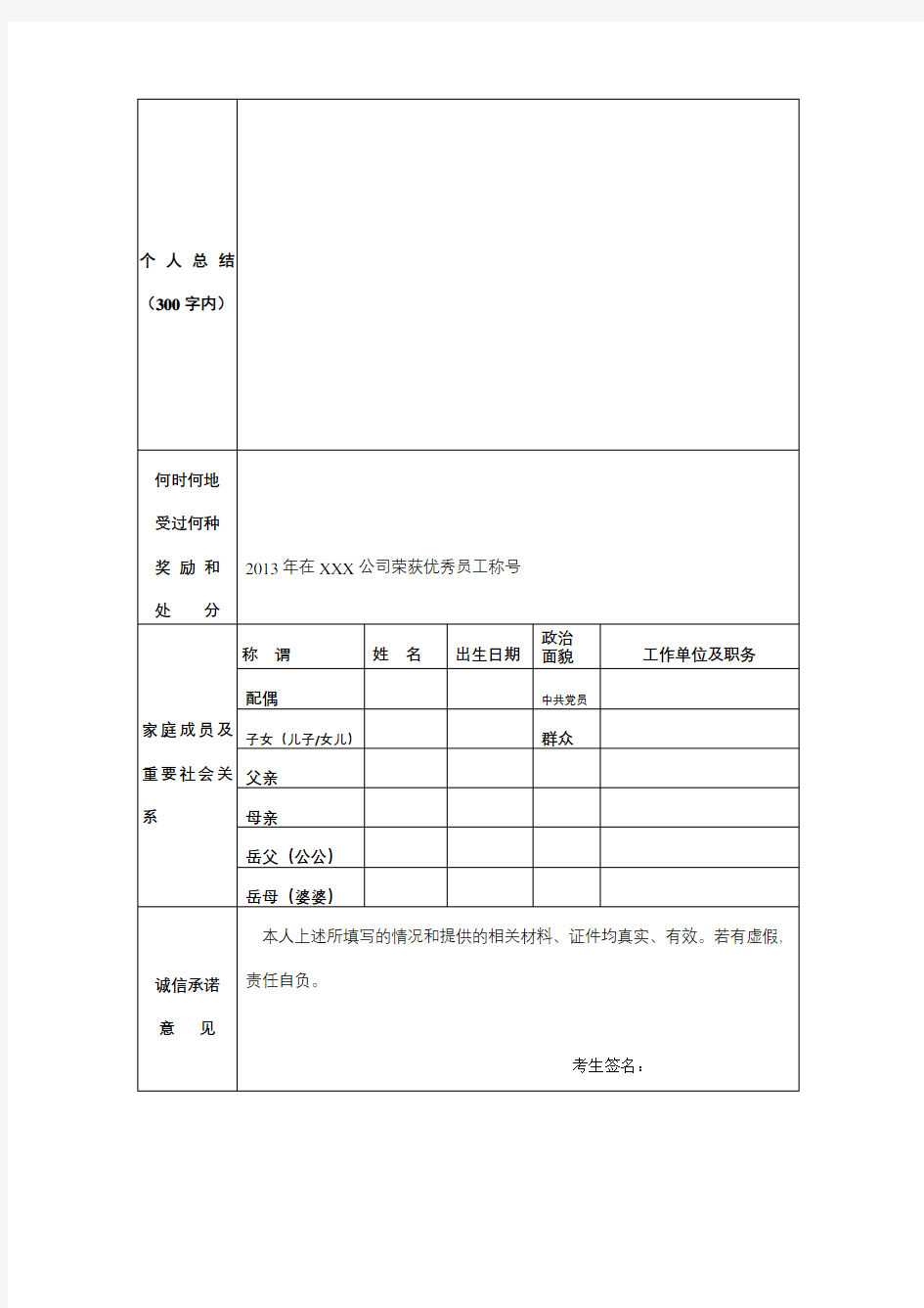 招聘工作人员报名表范例