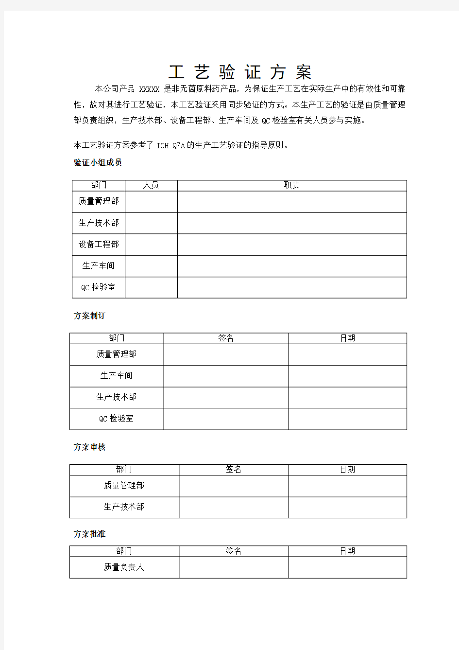 工艺验证方案模版(原料药)