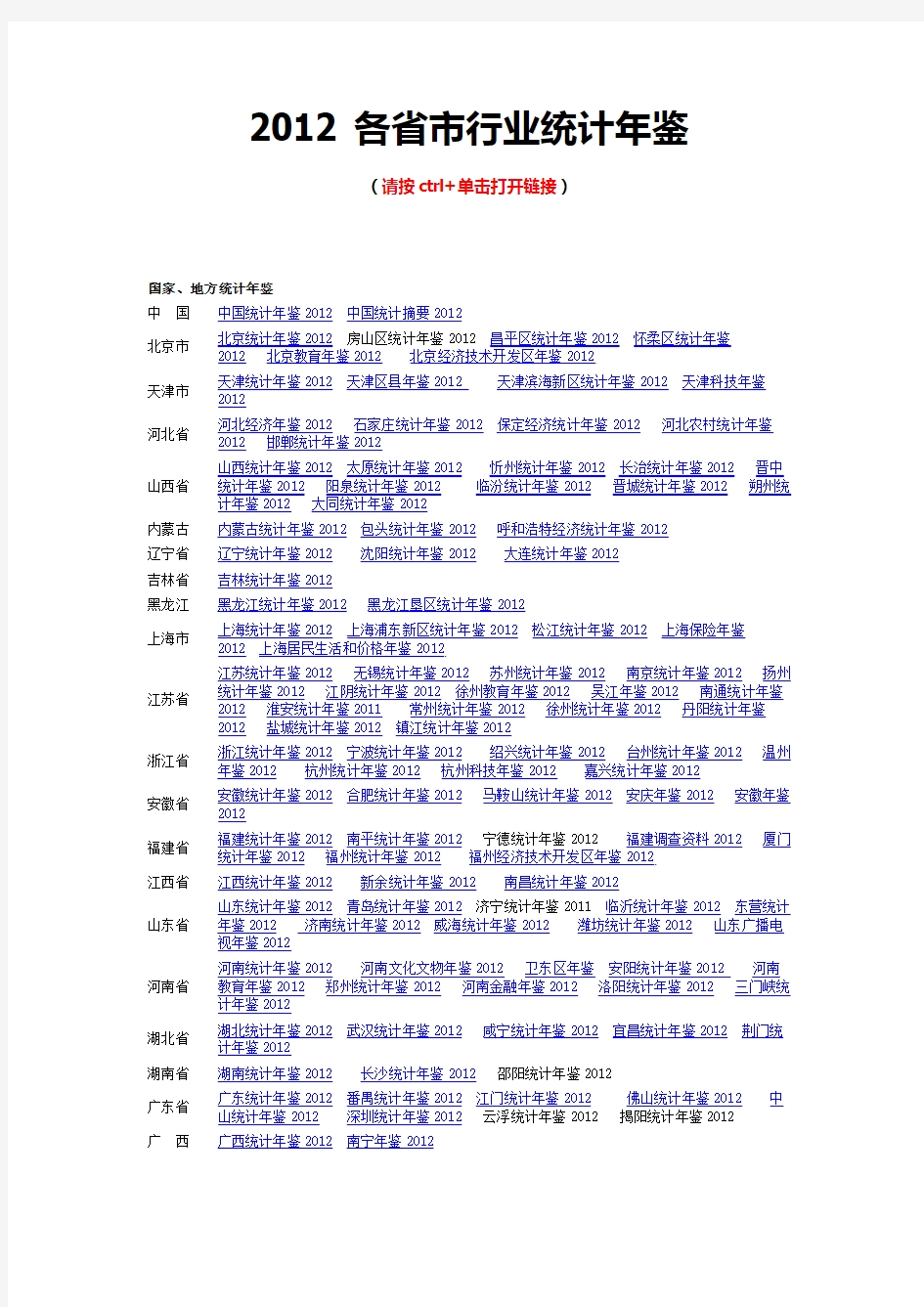 2012 各省市行业统计年鉴 下载地址大全