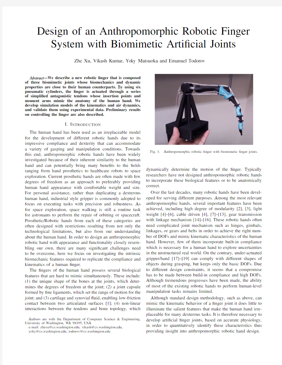 Design of an Anthropomorphic Robotic Finger System with Biomimetic Artificial Joints
