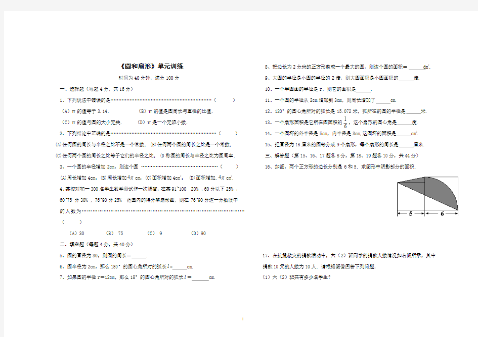 《圆和扇形》单元训练