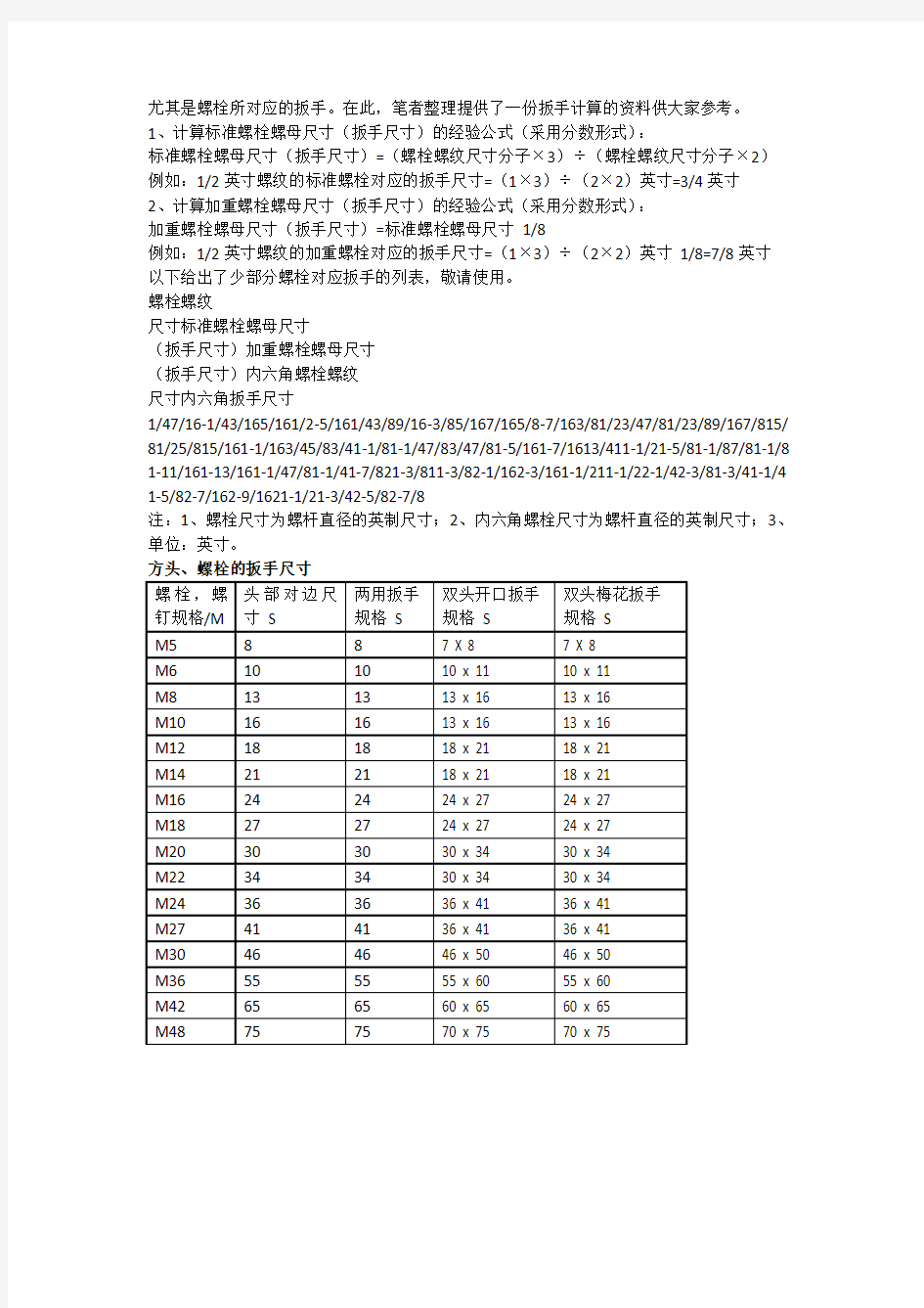 螺栓大小及对应扳手