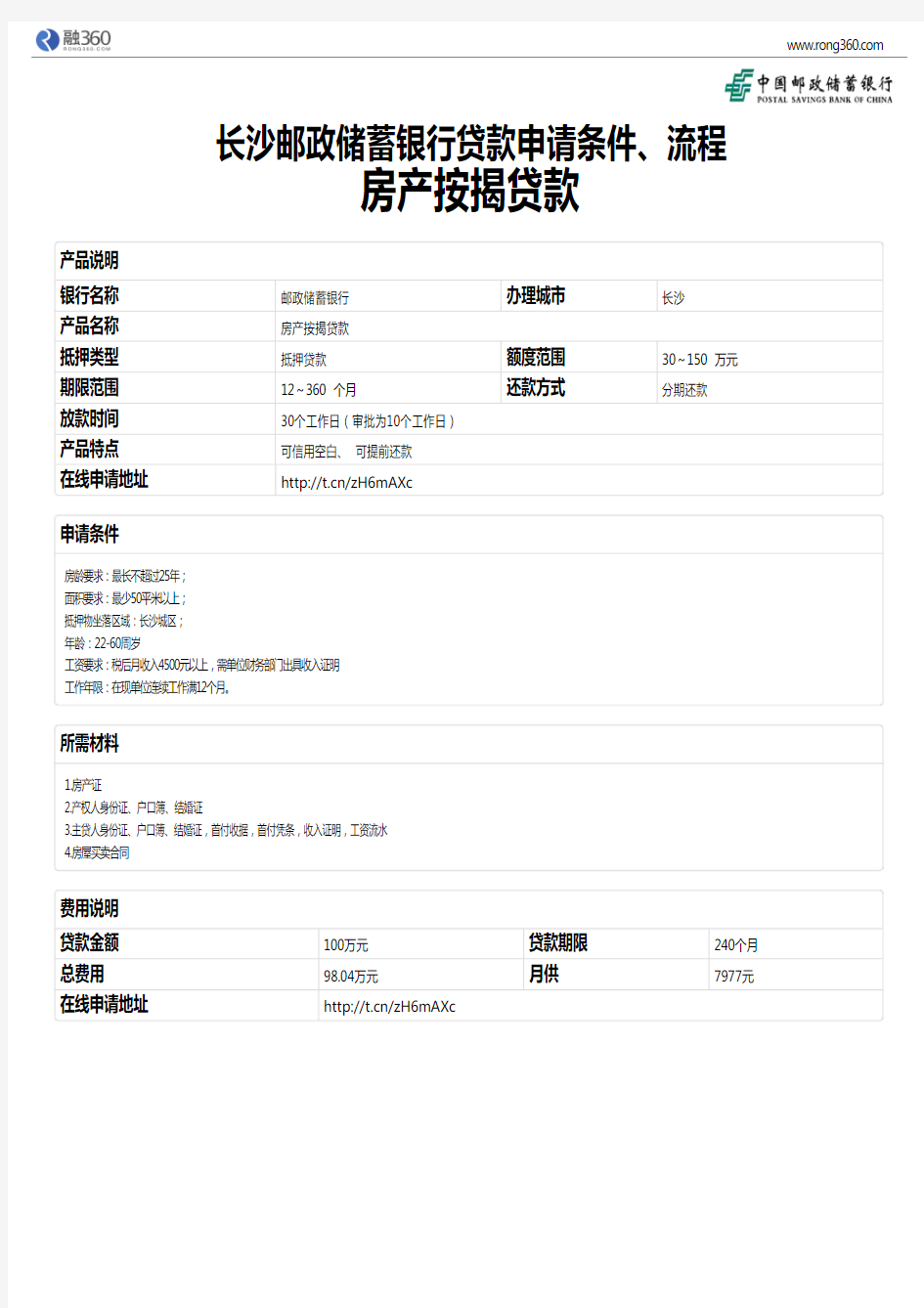 《房产按揭贷款》长沙邮政储蓄银行-房屋抵押贷款-申请条件、材料、流程、利率