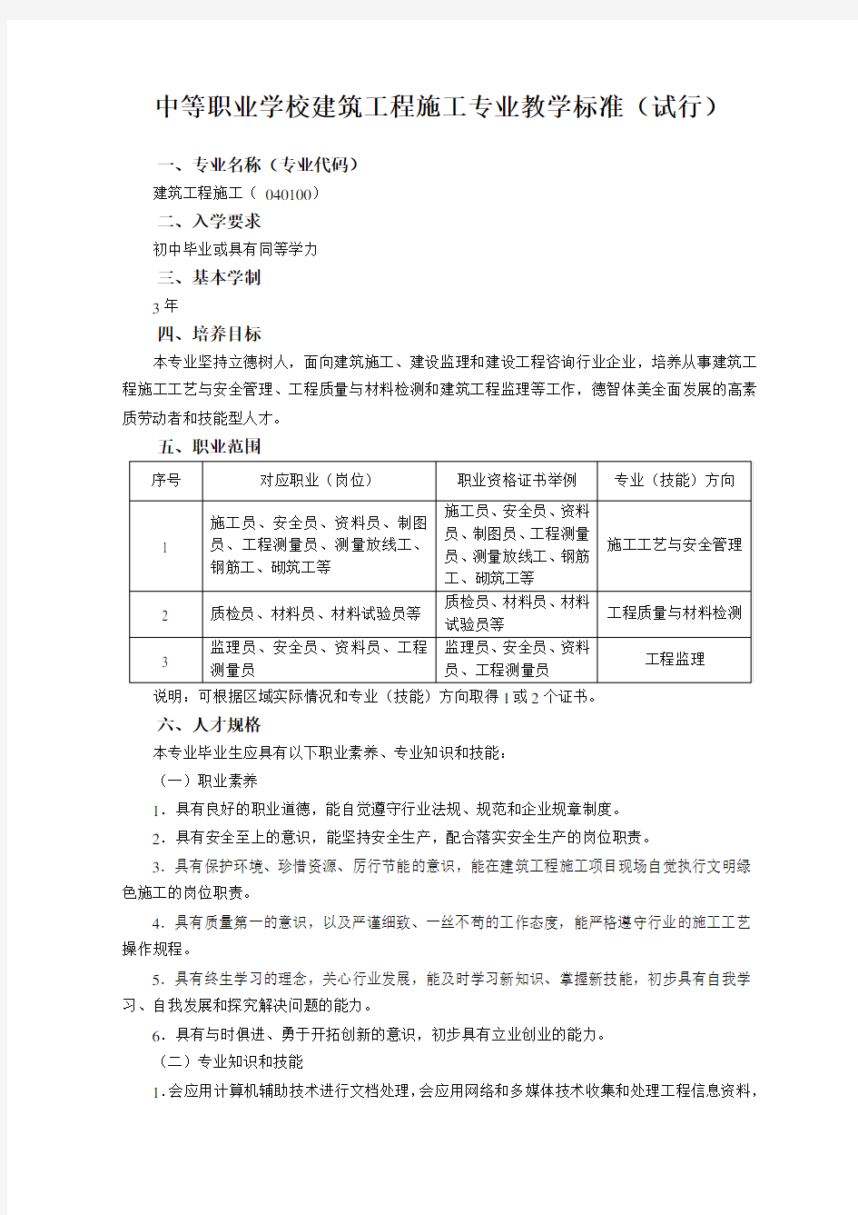 中等职业学校建筑工程施工专业教学标准 (1)