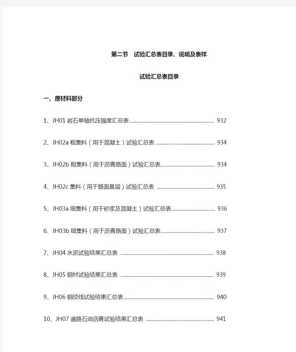 云南省公路工程建设用表标准化指南(试行版)试验汇总表目录及说明