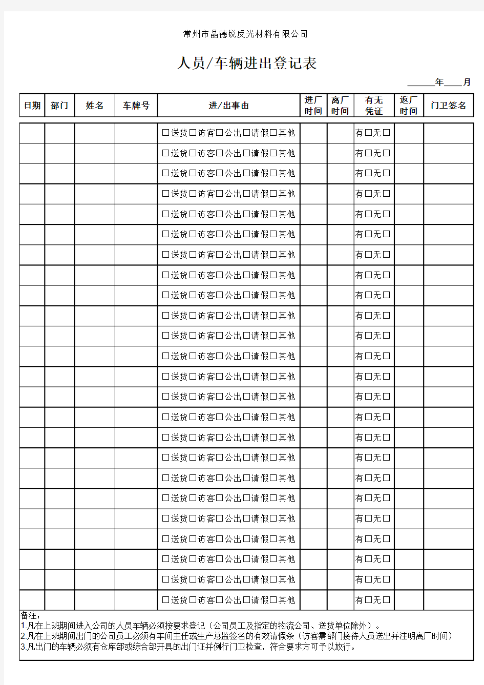 公司车辆人员进出登记表