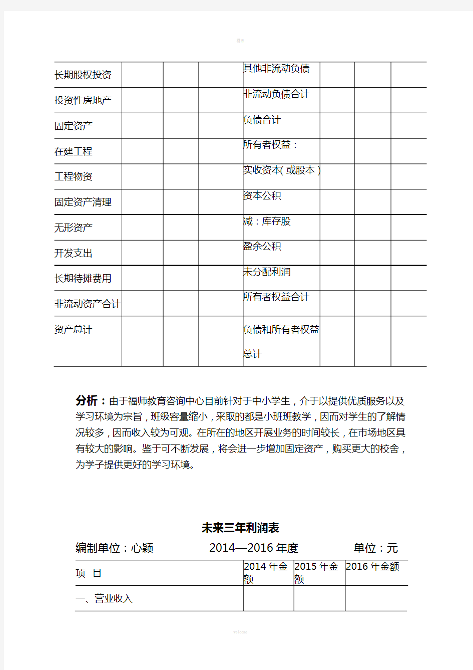 未来三年资产负债表和利润表的预测