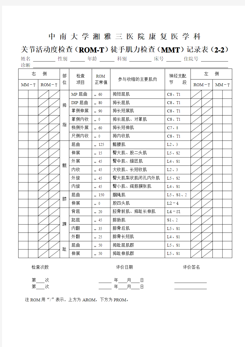 关节活动度检查(ROM-T)徒手肌力检查(MMT)记录表(2-2)