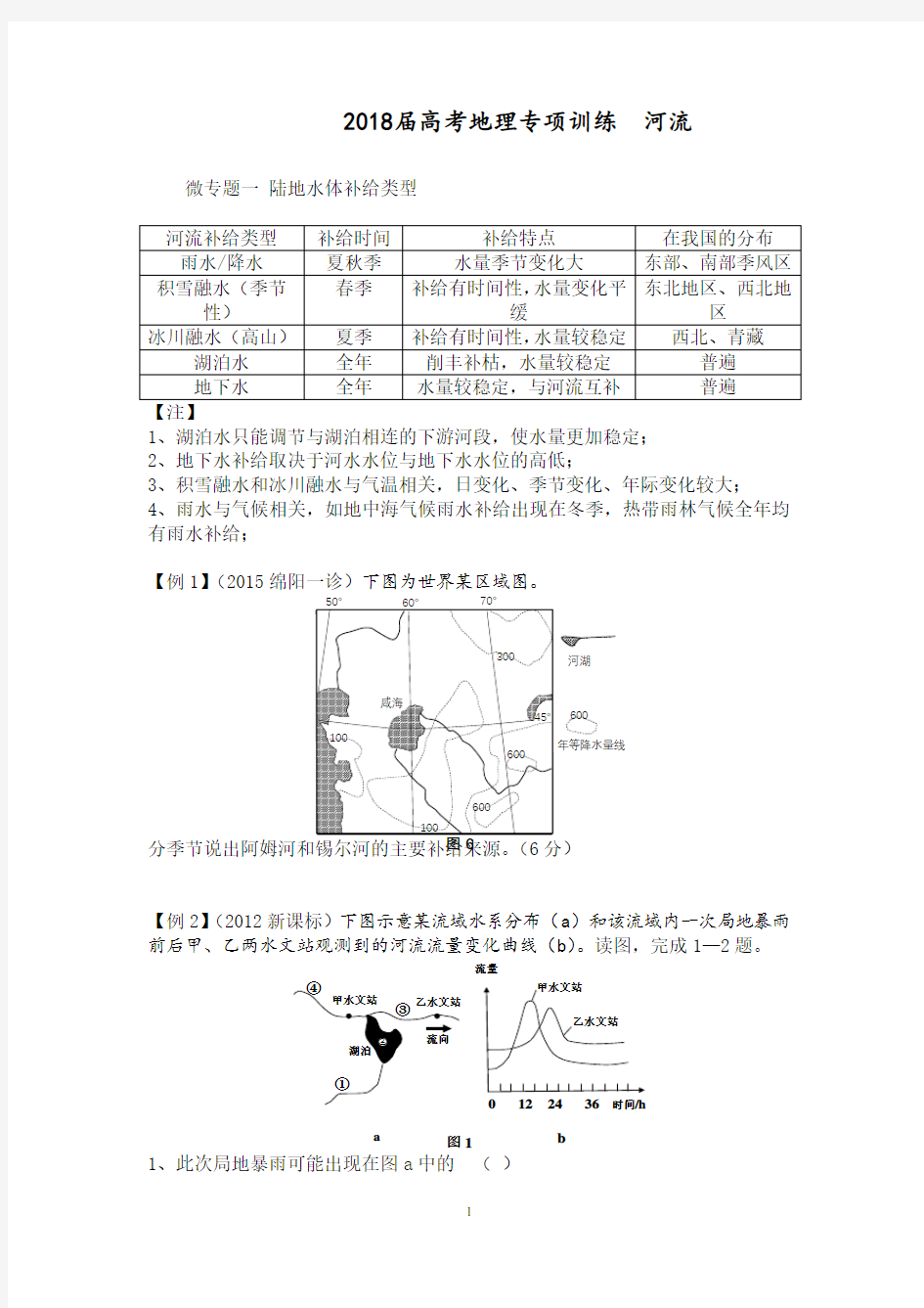 河流专题2018届高考地理专项训练  河流