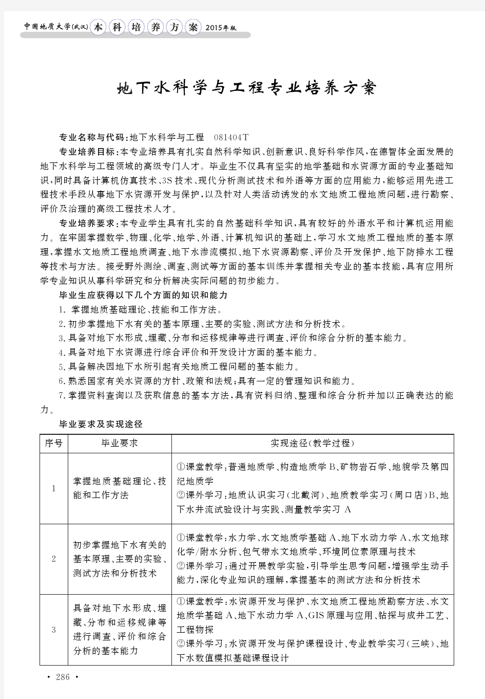 地下水科学与工程专业培养方案