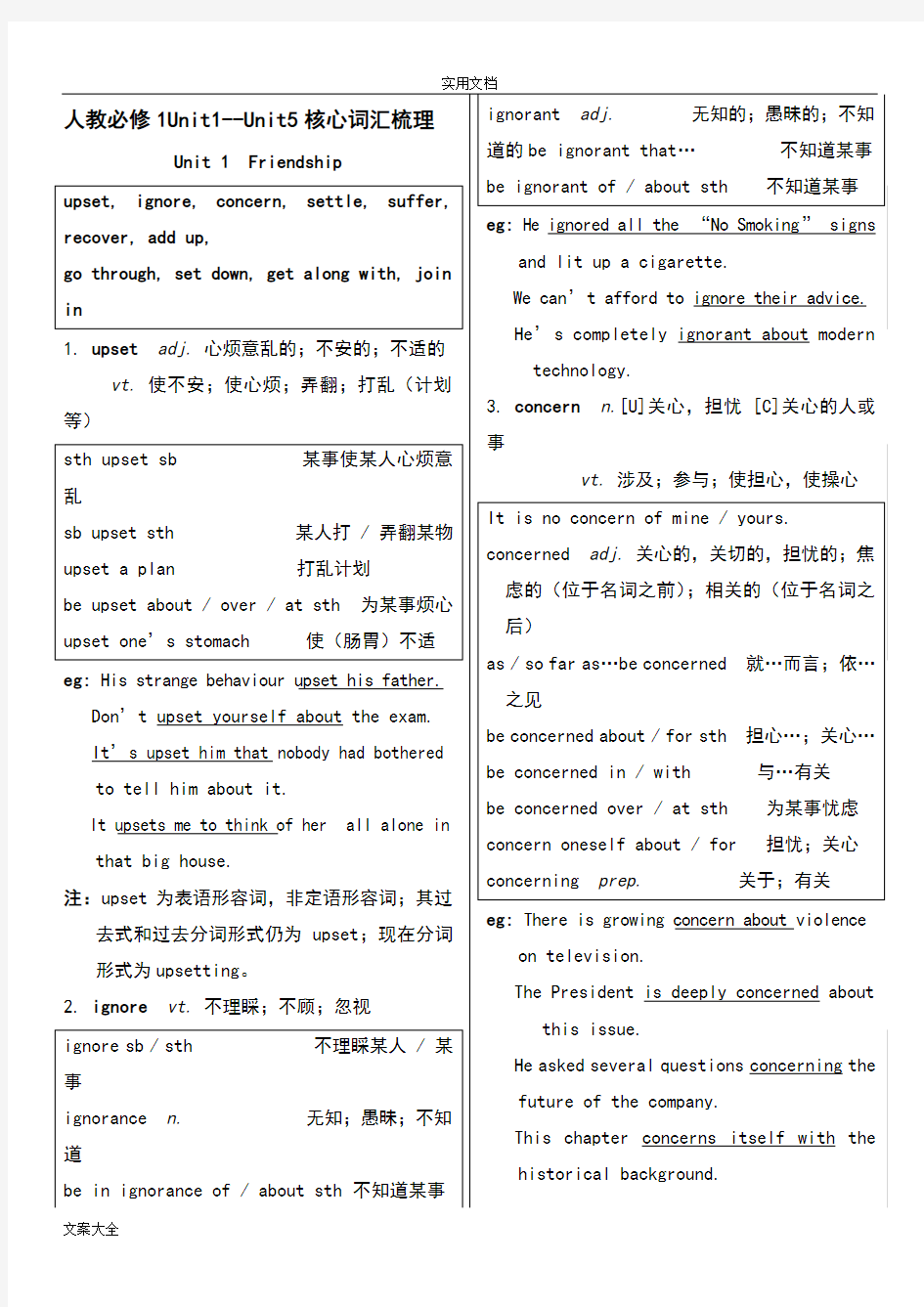 人教版高中英语必修1核心词汇讲解及训练