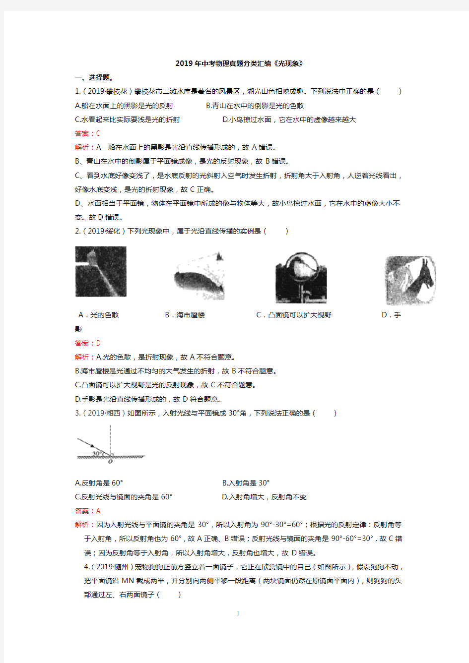 2019年中考物理真题分类汇编《光现象》(含答案)