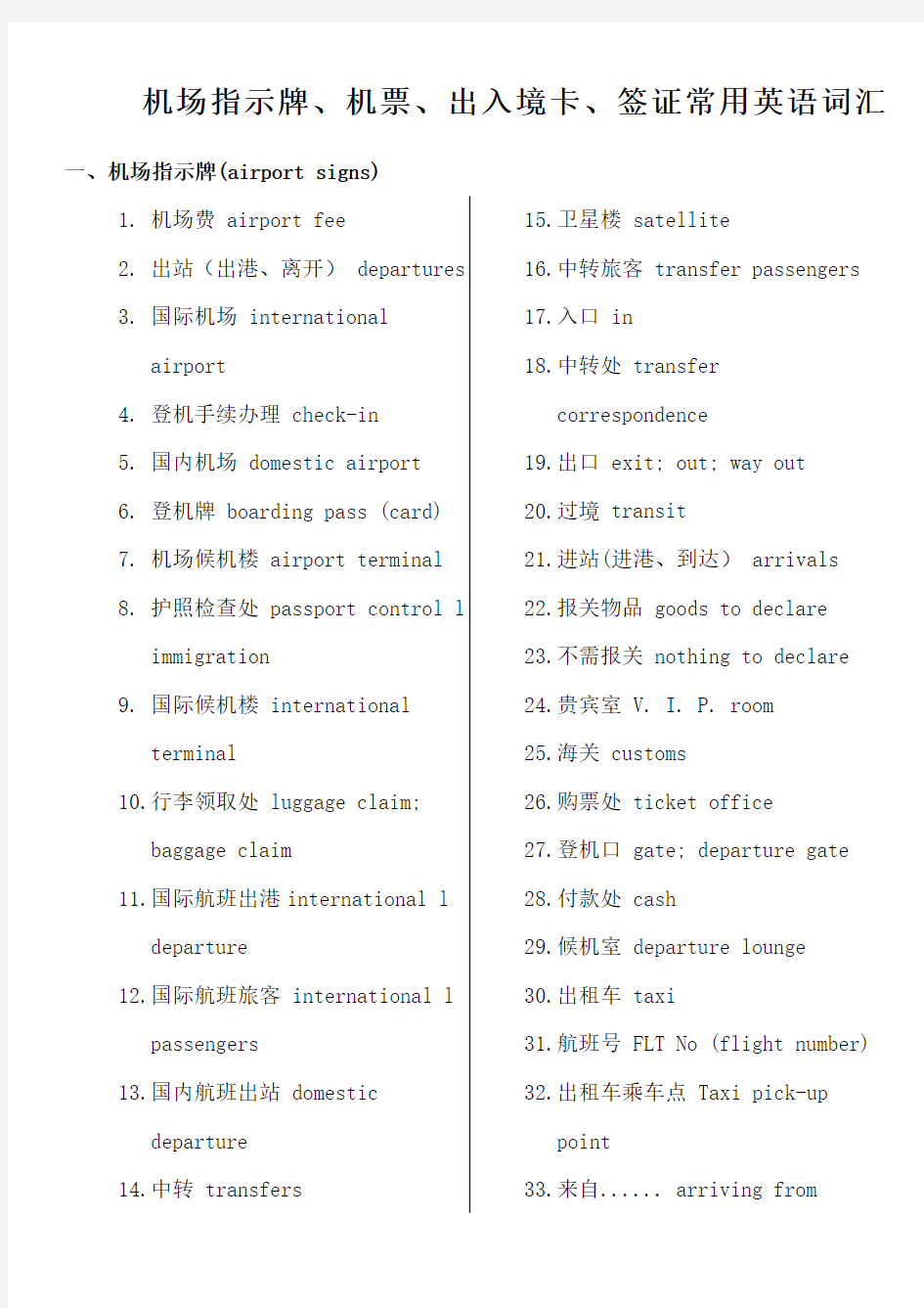 机场指示牌机票出入境卡签证常用英语词汇