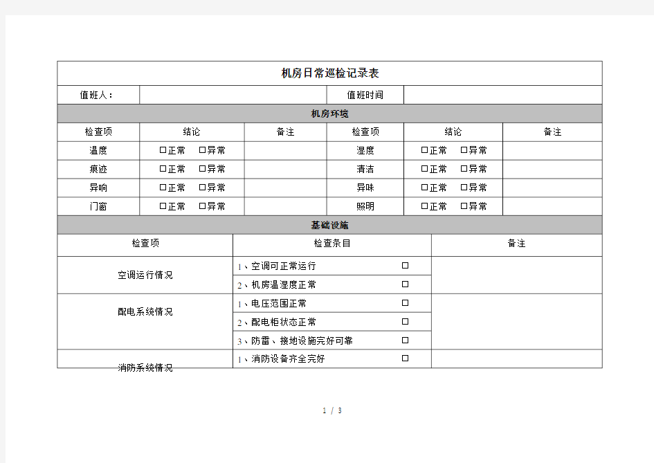 机房巡检记录表