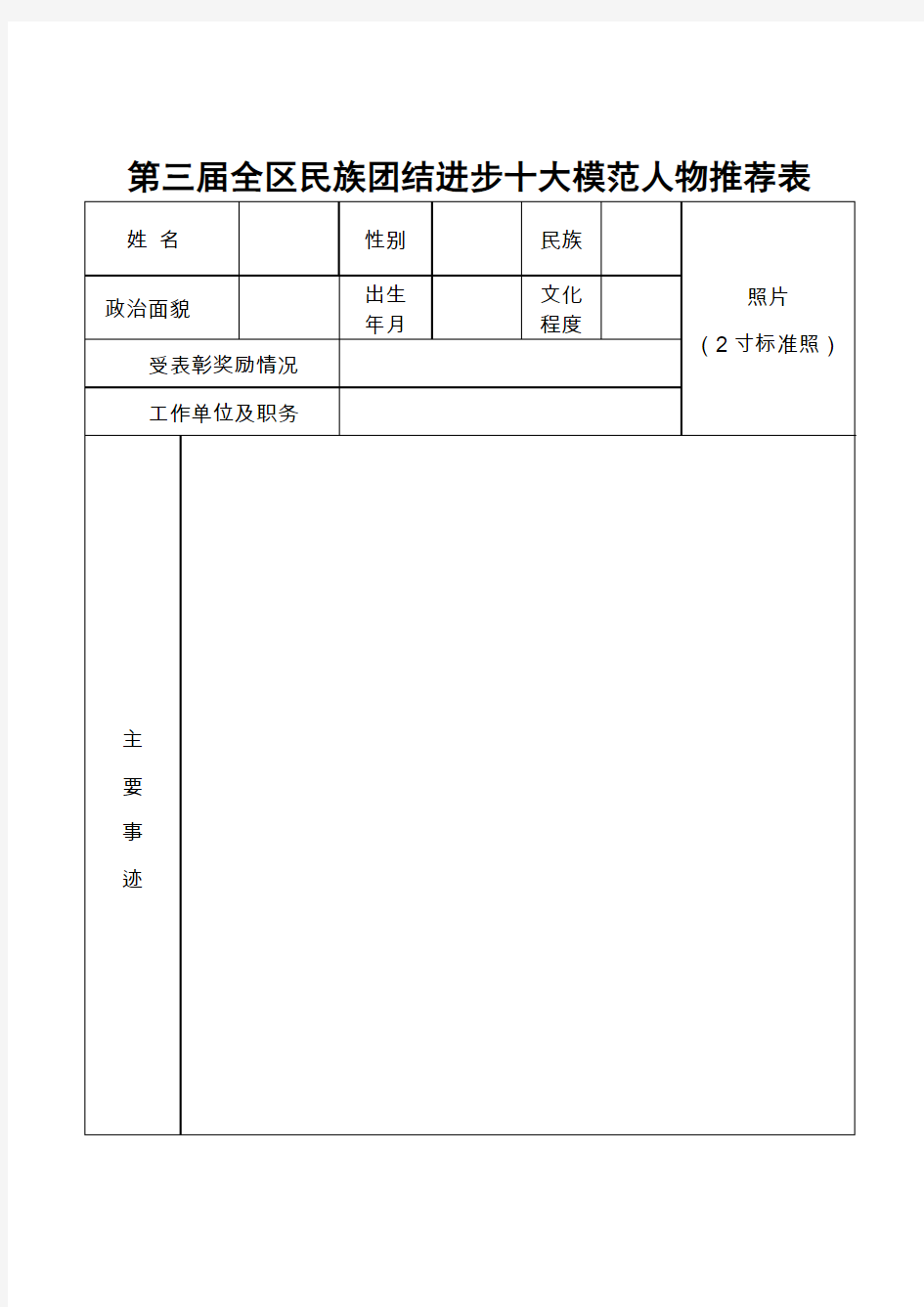 民族团结进步十大模范人物推荐表