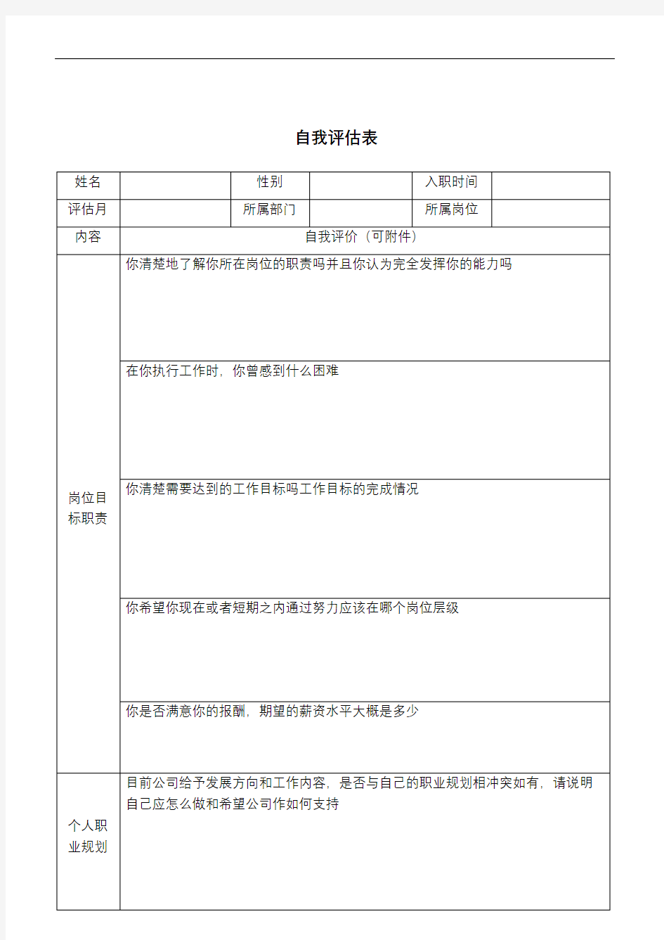 员工自我评估表